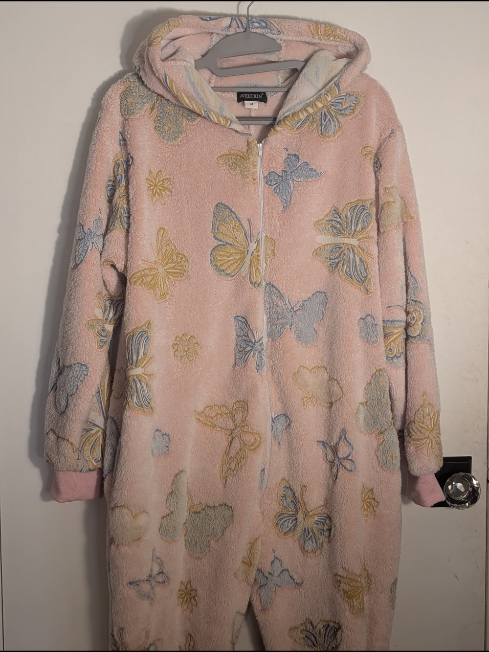 Cozy Pink Hooded Butterfly Plush Onesie - Soft Lounge Jumpsuit